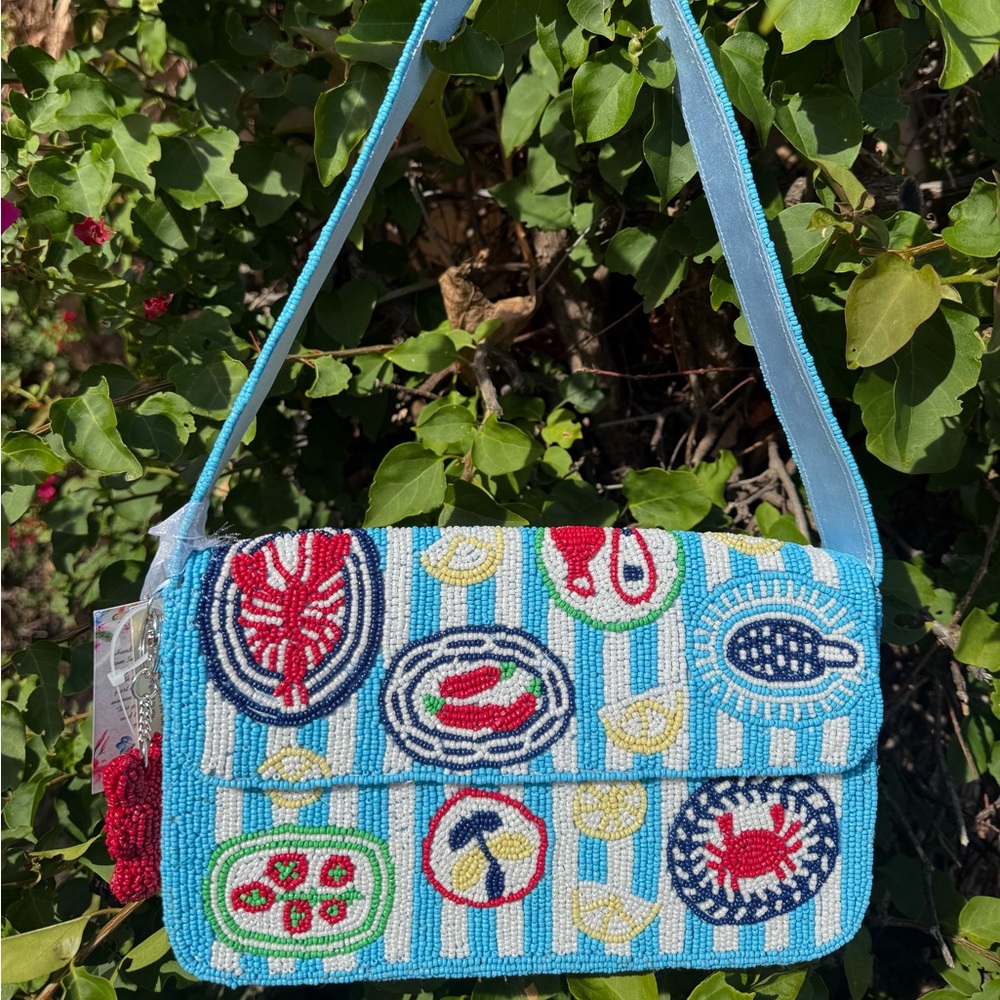NWT Made in India Nautical Seafood East Coast Summer Striped Beaded Shoulder Bag